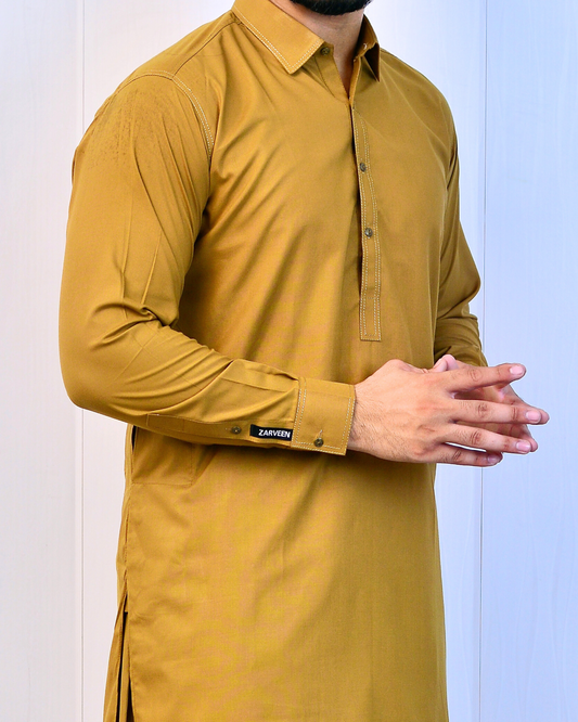 Zarveen Olive Gold Wash & Wear Suit – 80x80 Fabric (Unstitched Only) - Zarveen