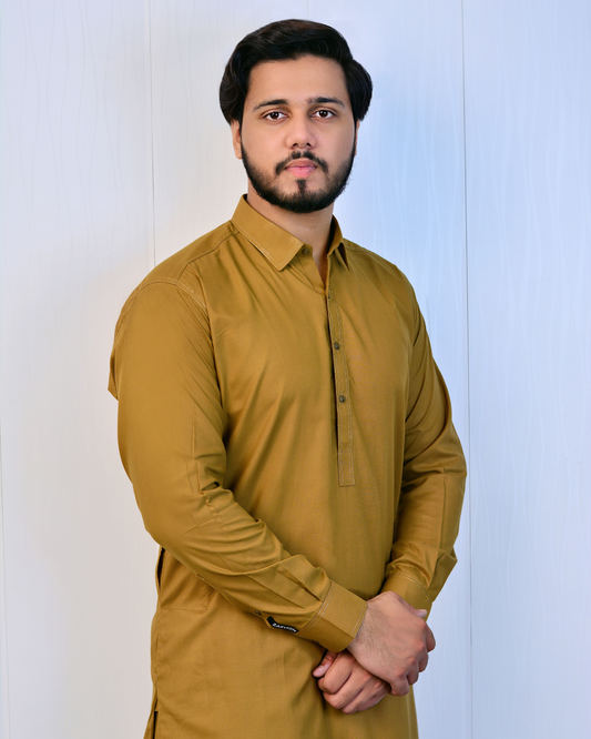Zarveen Olive Gold Stitched Suit – 80x80 Wash & Wear, Premium Double Stitching - Zarveen