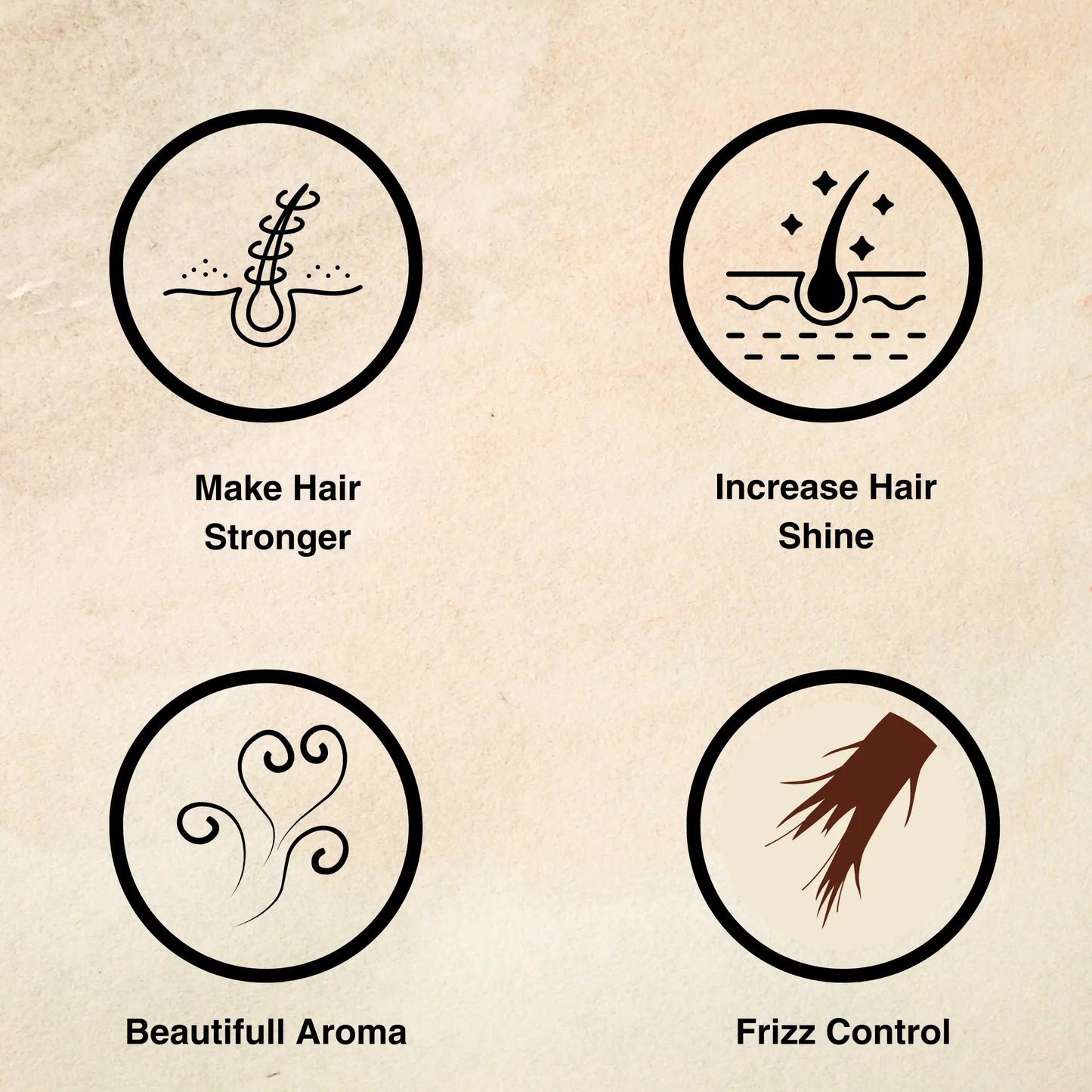 Illustrations of hair care benefits on a textured beige background