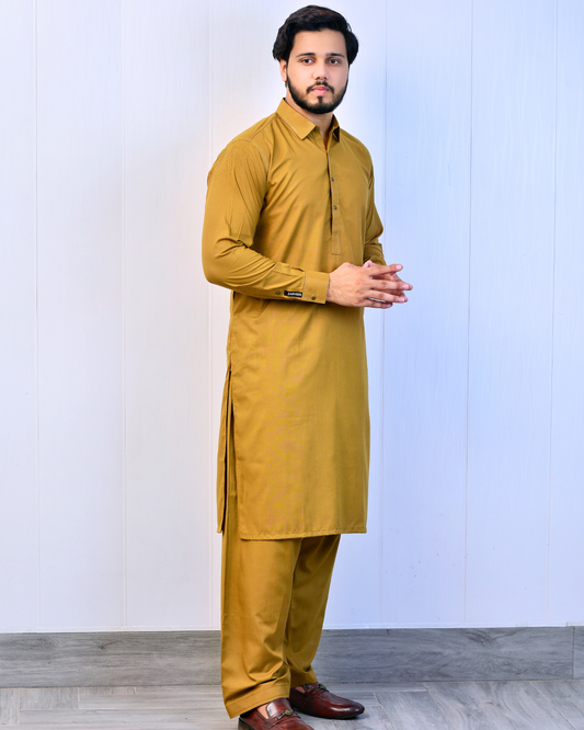 Zarveen Olive Gold Stitched Suit – 80x80 Wash & Wear, Premium Double Stitching - Zarveen