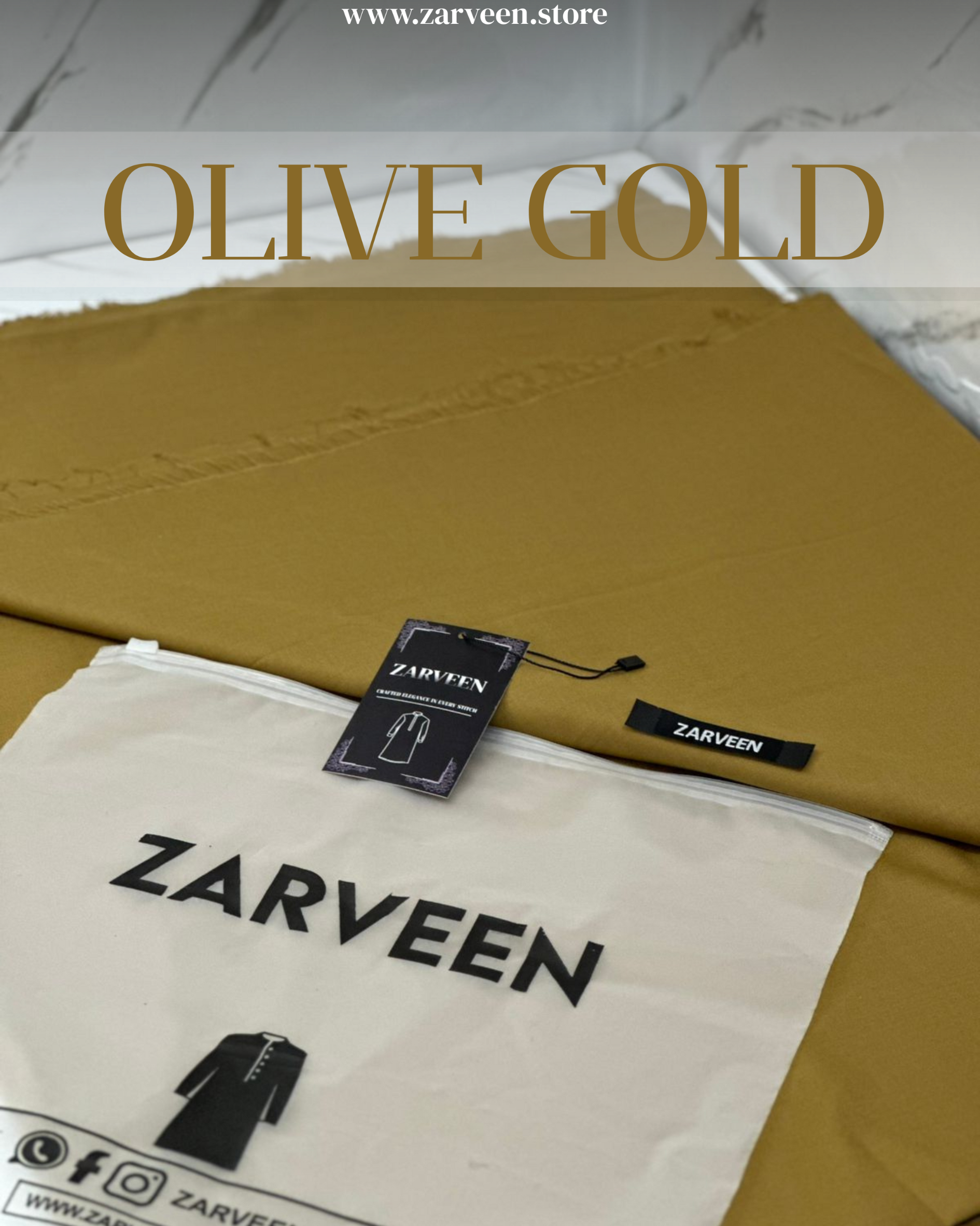 Zarveen Olive Gold Wash & Wear Suit – 80x80 Fabric (Unstitched Only) - Zarveen