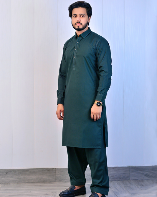 Zarveen Deep Green Stitched Suit – Subtle 80x80 Wash & Wear with Premium Stitching - Zarveen