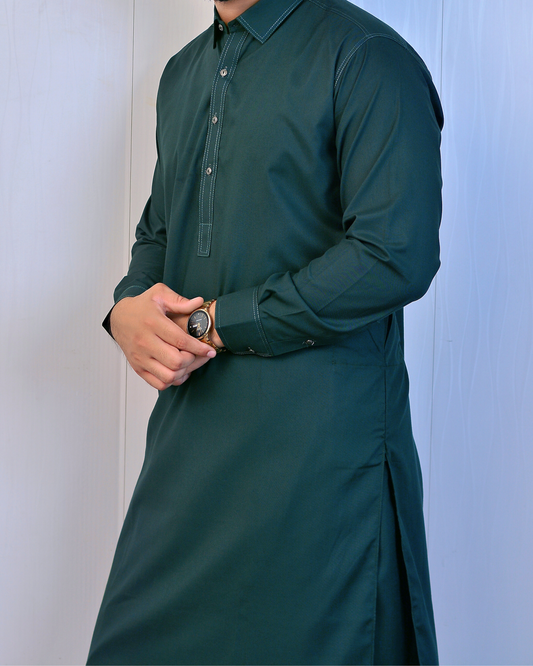 Zarveen Deep Green Wash & Wear Suit – 80x80 Fabric (Unstitched Only) - Zarveen