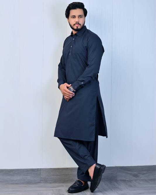 Zarveen Greyish Navy Stitched Suit – 80x80 Wash & Wear, Premium Double Stitching - Zarveen