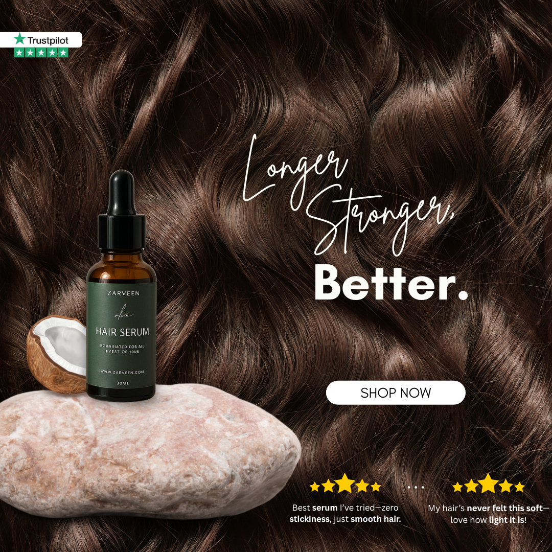 Hair serum bottle with dropper on a rock, surrounded by wavy brown hair, with 'Longer Stronger Better' text and Trustpilot rating.