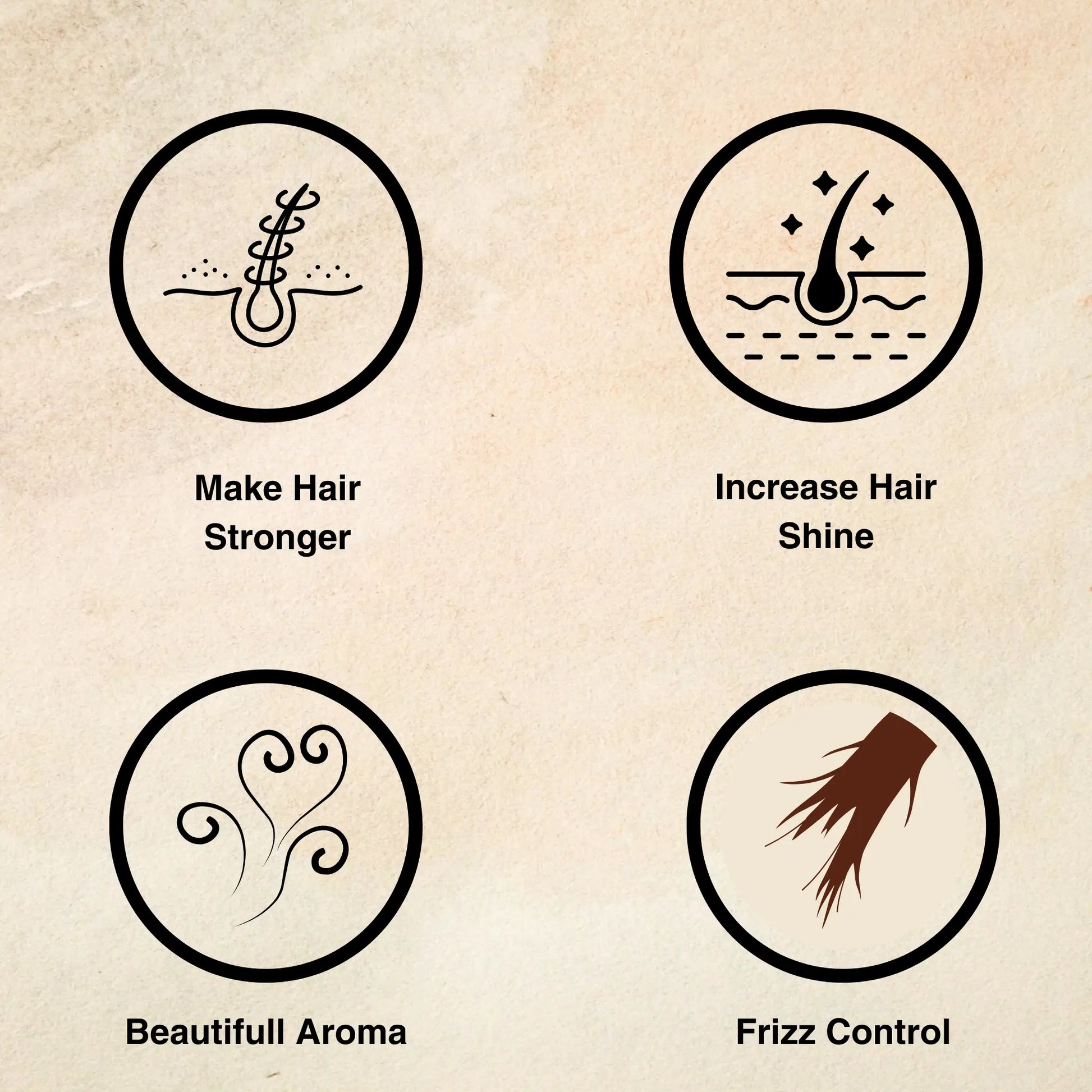 Illustrations of hair care benefits on a textured beige background