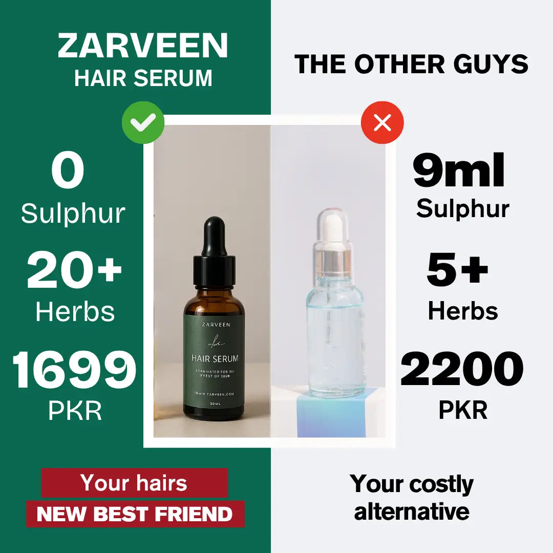 Comparison of Zarveen hair serum with 'The Other Guys' product on a green and white background.
