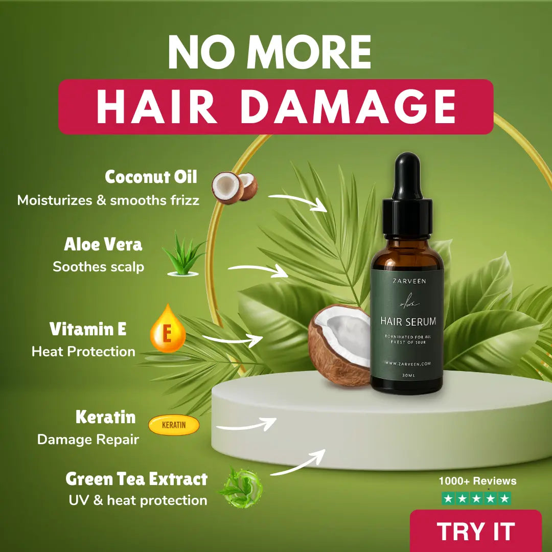 Hair serum bottle with ingredients and benefits on a green background